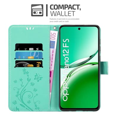 Oppo Reno 12 FS Plånboksfodral Skal Blommor (Turkos)