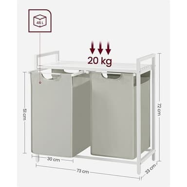 Tvättkorg med 2 fack och hylla – 92 liter - Vit