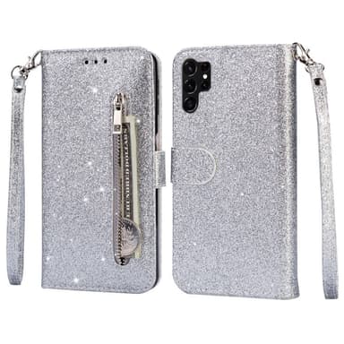 För Samsung Galaxy S25 Ultra Ställbart Glitterfodral med Dragkedjeficka - Silver