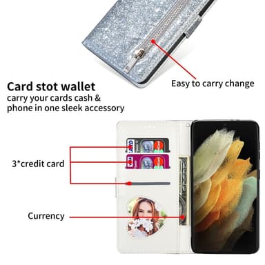 För Samsung Galaxy S25 Ultra Ställbart Glitterfodral med Dragkedjeficka - Silver