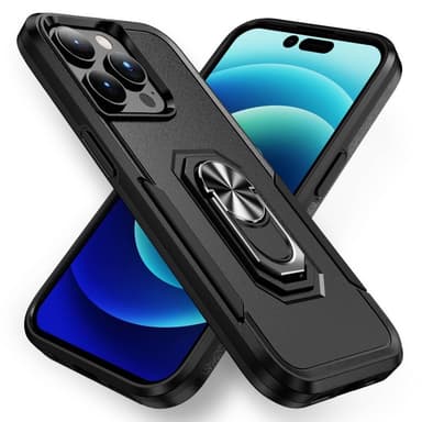 iPhone 14 Pro Hybrid skal med Finger Ring & Metall Plåt - Svart