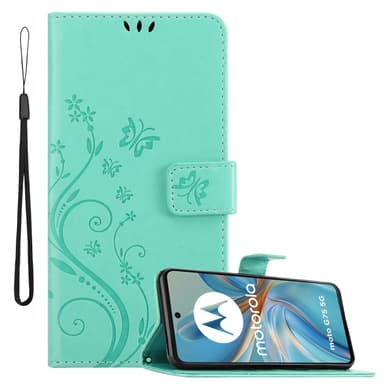 Motorola Moto G75 Plånboksfodral Skal Blommor (Turkos)