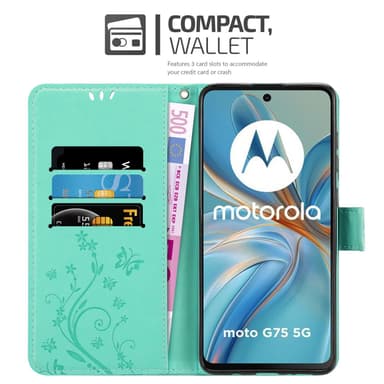 Motorola Moto G75 Plånboksfodral Skal Blommor (Turkos)