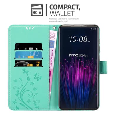 HTC U24 PRO Plånboksfodral Skal Blommor (Turkos)