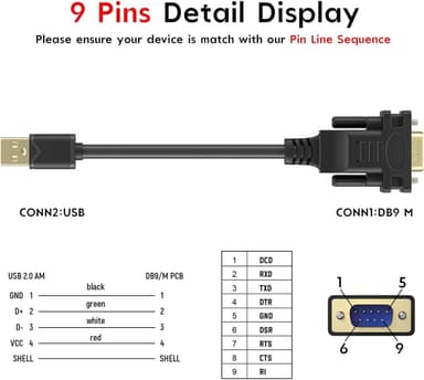 USB-A till RS232 DB9 han-kabel för seriella enheter med FTDI Chipset