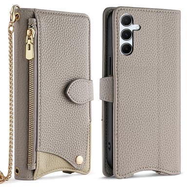 SKALO Samsung A56 5G Litchi Makeup Mirror Chain Plånboksfodral - Grå