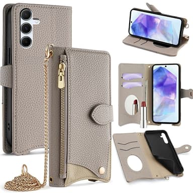 SKALO Samsung A56 5G Litchi Makeup Mirror Chain Plånboksfodral - Grå
