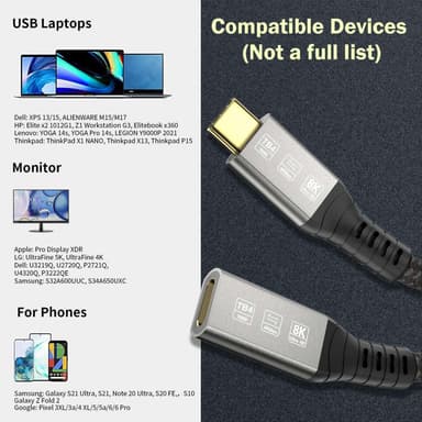 NÖRDIC 2m Thunderbolt 4 förlängningskabel, USB-C hane till hona, 100W snabbladdning, 40Gbps, 8K 60Hz