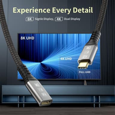 NÖRDIC 2m Thunderbolt 4 förlängningskabel, USB-C hane till hona, 100W snabbladdning, 40Gbps, 8K 60Hz