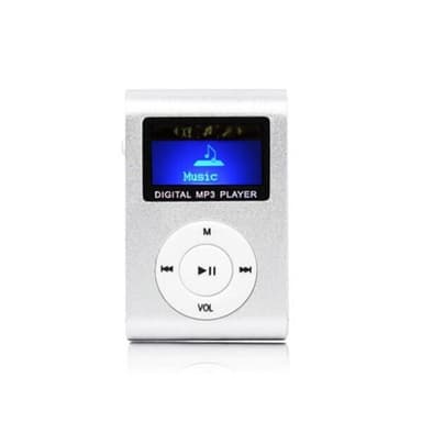 MP3-spelare med LCD-display och MicroSD-läsare – kompakt musikspelare med clips och laddningsbart batteri