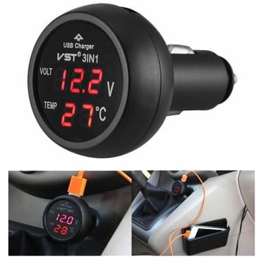 3-i-1 USB-billaddare med voltmätare och temperaturmätning