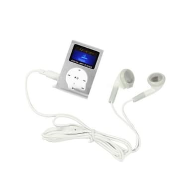 MP3-spelare med LCD-display och MicroSD-läsare – kompakt musikspelare med clips och laddningsbart batteri