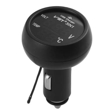 3-i-1 USB-billaddare med voltmätare och temperaturmätning