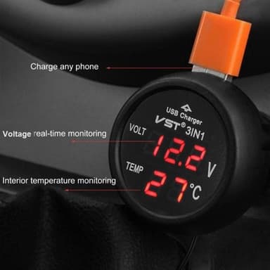 3-i-1 USB-billaddare med voltmätare och temperaturmätning