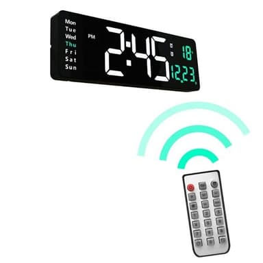 Stor digital väggklocka 38 cm – med temperatur, datum och fjärrkontroll
