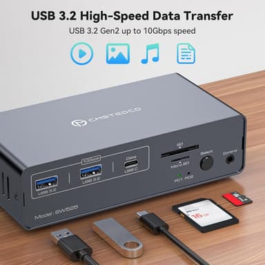 NÖRDIC USB-C Dockningsstation med KVM-switch 2 PC 2 skärmar 4K120Hz DP Gigabit Ethernet, kortläsare, 4xUSB-A och USB-C