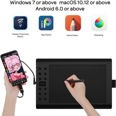 Professionell grafisk ritplatta med 12+16 programmeringsknappar. Kompatibel med Windows Mac Android och den är batterifri