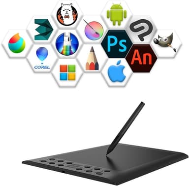 Professionell grafisk ritplatta med 12+16 programmeringsknappar. Kompatibel med Windows Mac Android och den är batterifri