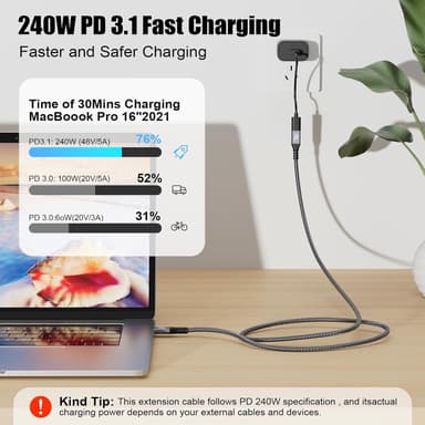 NÖRDIC 25cm USB3.2 Gen2 20Gbps USB-C till C nylonflätad förlängningskabel med Power Delivery 240W 4K60Hz