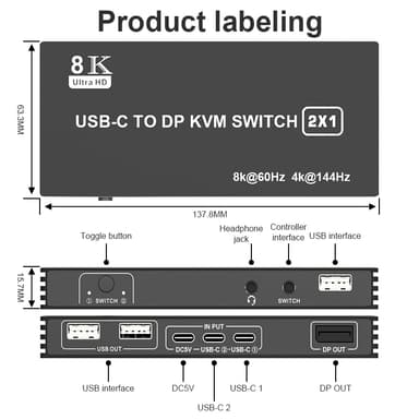 NÖRDIC USB-C KVM Switch 2 to 1 DP 8K60Hz 4K144Hz 3xUSB 1xAudio