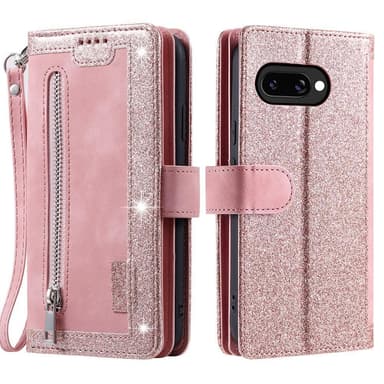 För Google Pixel 9A Fodral med Dragkedja och 9 Kortplatser – RoseGold