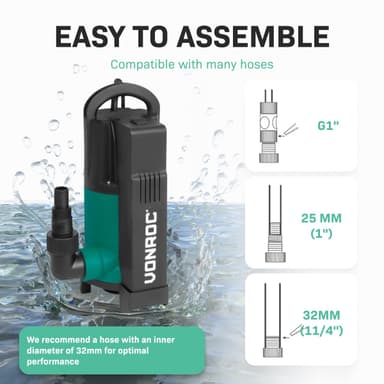 VONROC Dränkbar Pump för Smutsigt Vatten | 14,000 L/h | Flottörbrytare | För Dammar, Källare, Simbassänger, Max 7m Djup