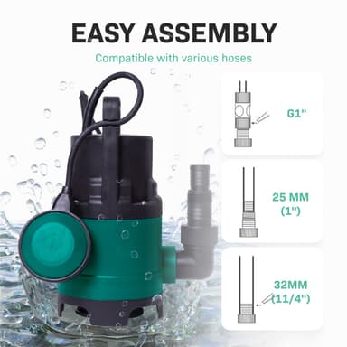 VONROC Dränkbar Pump 300W för Rent och Smutsigt Vatten – 6500L/H, Max Djup 7m, Flottör, 5mm Smutspartiklar