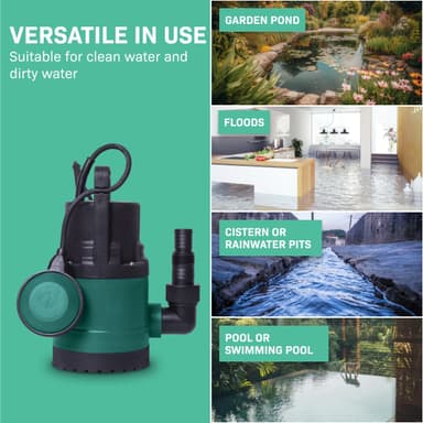 VONROC Dränkbar Pump 300W för Rent och Smutsigt Vatten – 6500L/H, Max Djup 7m, Flottör, 5mm Smutspartiklar