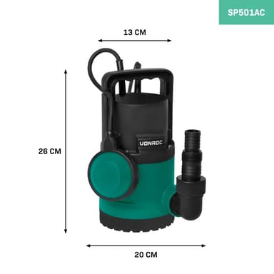 VONROC Dränkbar Pump 300W för Rent och Smutsigt Vatten – 6500L/H, Max Djup 7m, Flottör, 5mm Smutspartiklar