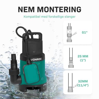 VONROC Dränkbar Pump för Smutsigt och Rent Vatten – 16 000 L/h, 900W, Max 8,5m Utloppshöjd