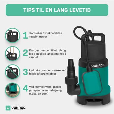 VONROC Dränkbar Pump för Smutsigt och Rent Vatten – 16 000 L/h, 900W, Max 8,5m Utloppshöjd
