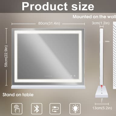 VANITII Hollywood-sminkspegel med belysning Bluetooth Bordsplatta Väggmontering Metall Vit 80x58 cm