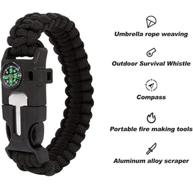 Överlevnadsarmband Paracord l Kompass , Visselpipa , Flintbrandstartare - Svart