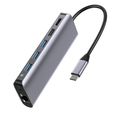 SiGN 7-i-1 USB-C-hub HDMI RJ45 USB-C, max 100W - Grå