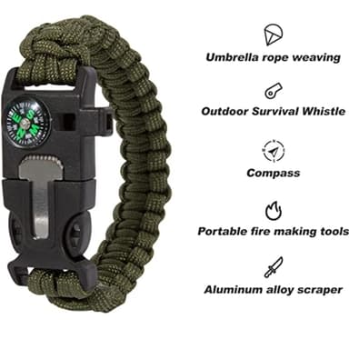 Överlevnadsarmband Paracord l Kompass , Visselpipa , Flintbrandstartare - Grön