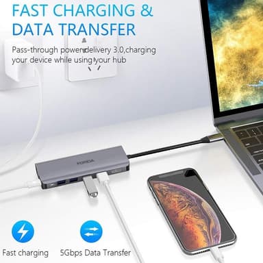 SiGN 7-i-1 USB-C-hub HDMI RJ45 USB-C, max 100W - Grå