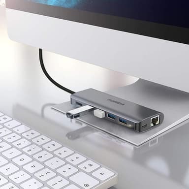 SiGN 7-i-1 USB-C-hub HDMI RJ45 USB-C, max 100W - Grå