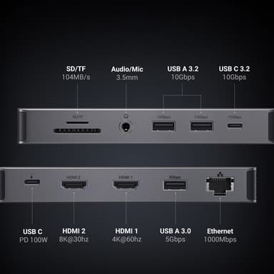 Ugreen 13in1 HUB USB-C Med HDMI, Display Port, RJ45, Aux, USB-C - Grå