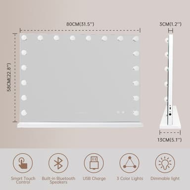 VANITII Hollywood-sminkspegel med belysning Bluetooth Bordsplatta Väggmontering Metall Vit 80x58 cm