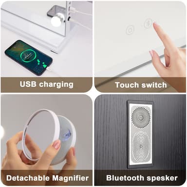 VANITII Hollywood-sminkspegel med belysning Bluetooth Bordsplatta Väggmontering Metall Vit 80x58 cm