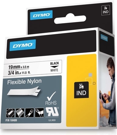 Vhbw Labelband Voor Tyco T107M – 19 Mm X 3,5 M, Nylon, Wit Met Zwarte Tekst – Vervangt Dymo 18489