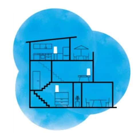 Ritning på ett flervåningshus med mesh nätverk, blå färg över hela huset som illustrerar WiFi-signalen. . 
