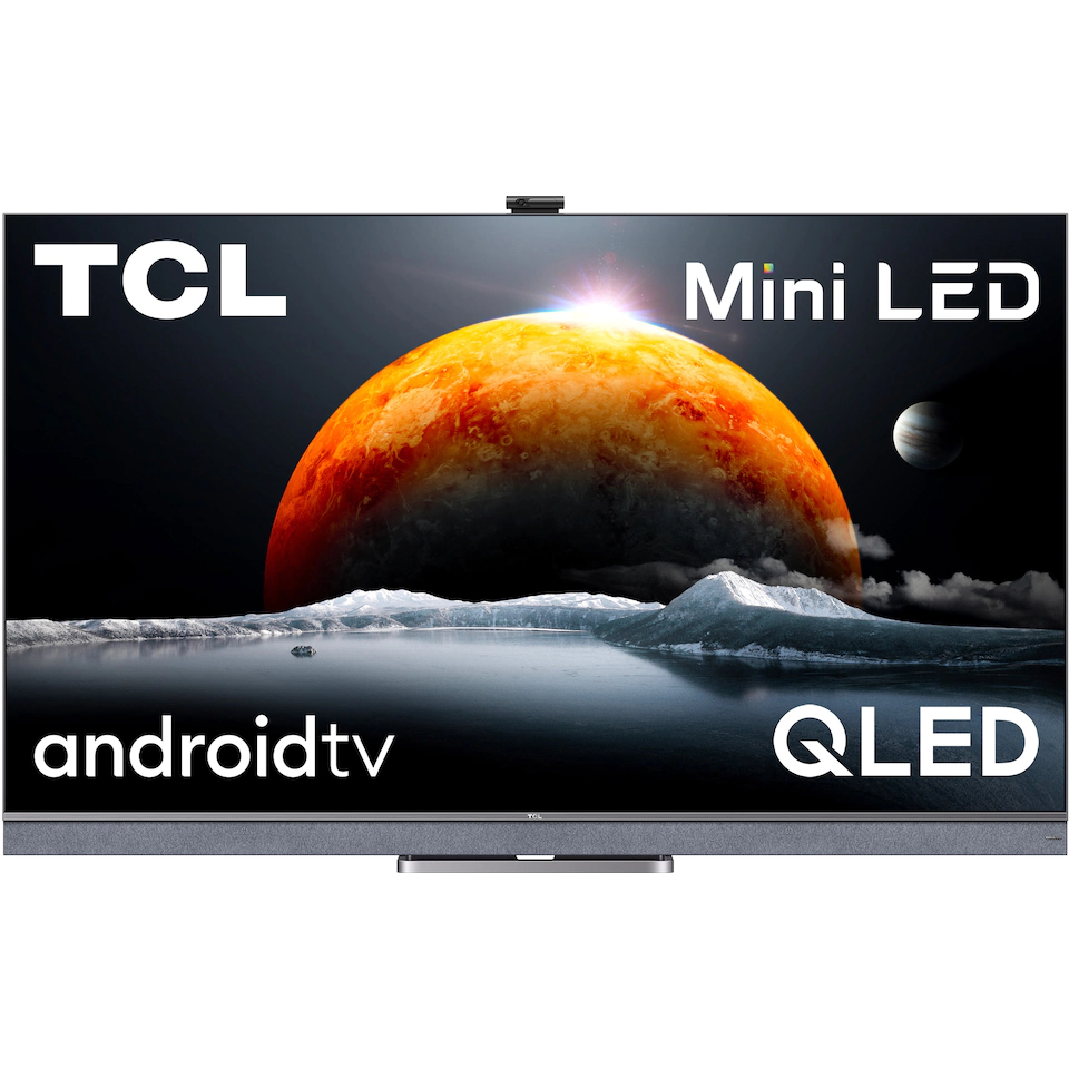 TCL Mini-LED TV med stor röd planet på skärmen med is-berg vid vatten i förgrunden. 