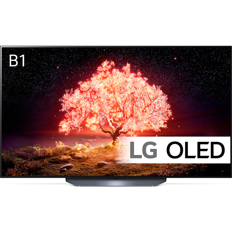 Stortbilds-TV från LG med tunn grå ram och ett upplyst träd på skärmen med orangefärgat ljus. 