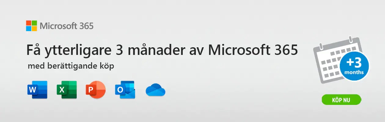 Microsoft Surface banner med office ikonerna och texten "Få ytterligare 3 månader av Microsoft 365".