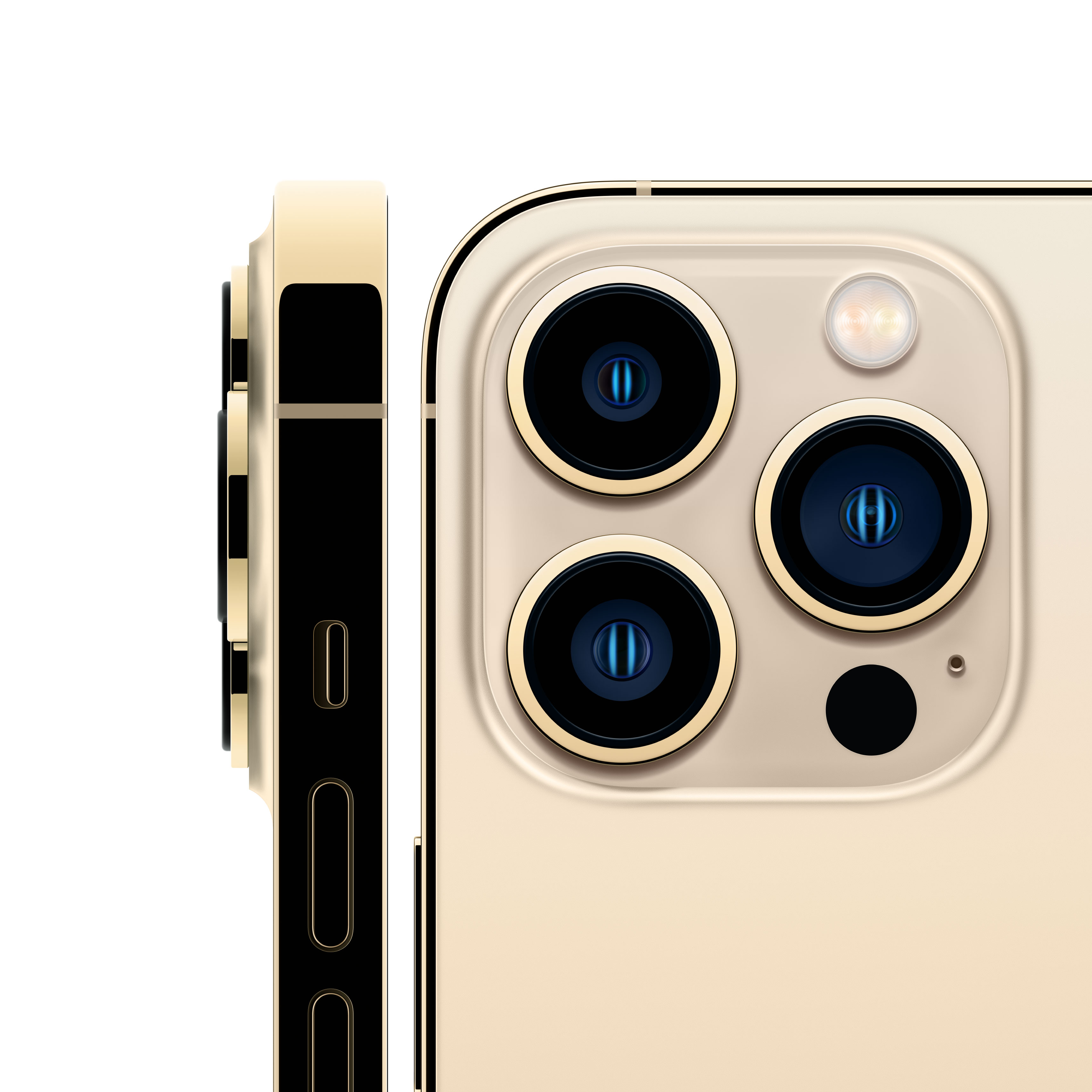 Två iPhone 13 Pro-telefoner sett från baksidan och från sidan