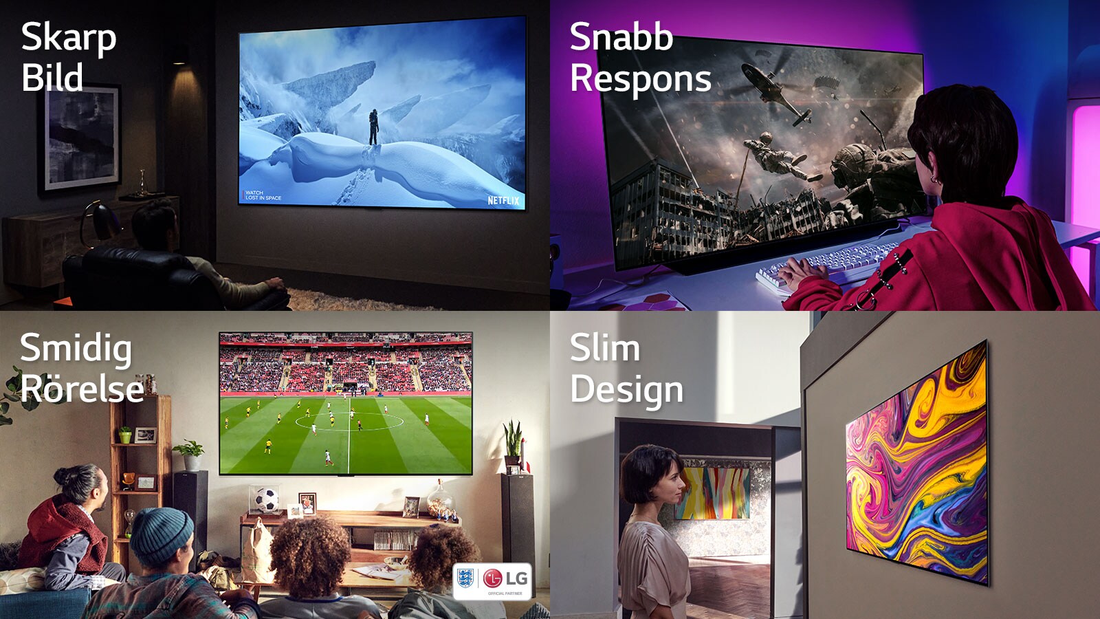 LG OLED TVs med fyra olika exempel: Skarp bild, Snabb respons, Smidig rörelse och Slim design. 