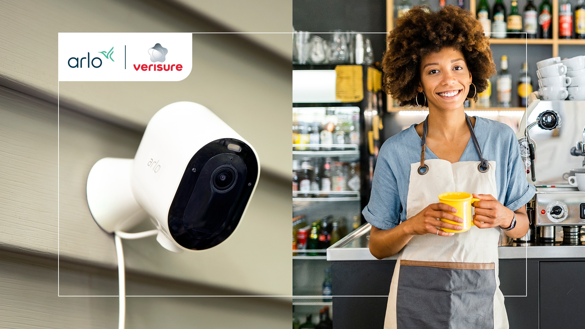 En Arlo Pro 4-övervakningskamera och en leende kvinna på ett kafé.