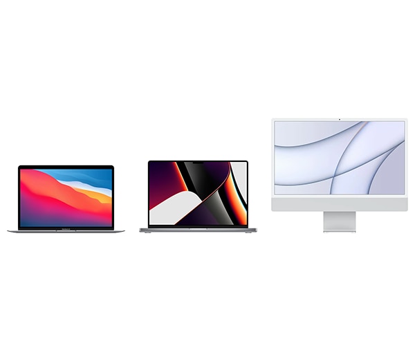 Apple - Mac - MacBook Pro, MacBook Air och iMac bredvid varandra