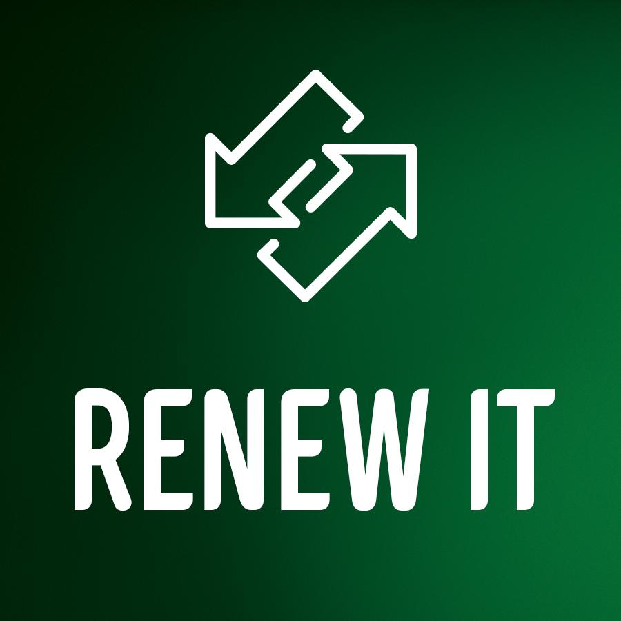 Apple: Texten "RENEW IT" och två pilar som logotyp.